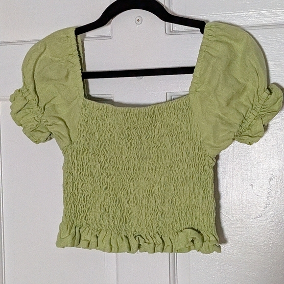 Faithfull The Brand 100% Linen Green Smocked Crop Top Puff Sleeve Cottagecore - Picture 6 of 6